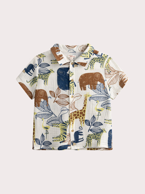 Cream Jungle Animal Print Cotton Short Sleeve Shirt