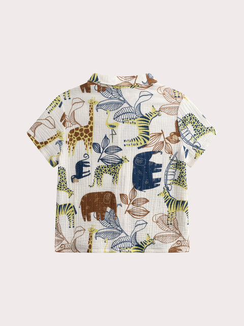 Cream Jungle Animal Print Cotton Short Sleeve Shirt
