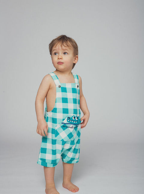 Turquoise Check Short Cotton Dungarees