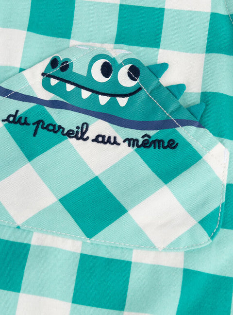 Turquoise Check Short Cotton Dungarees