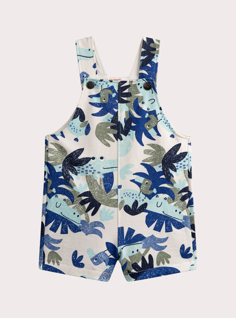Blue Jungle Print Short Cotton Dungarees