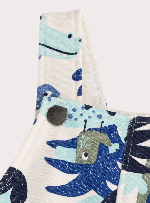 Blue Jungle Print Short Cotton Dungarees