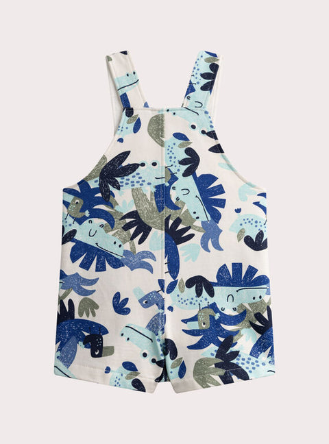 Blue Jungle Print Short Cotton Dungarees