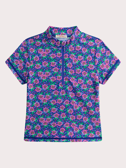 Long Sleeve Blue Floral Print Anti UV Swim T-shirt