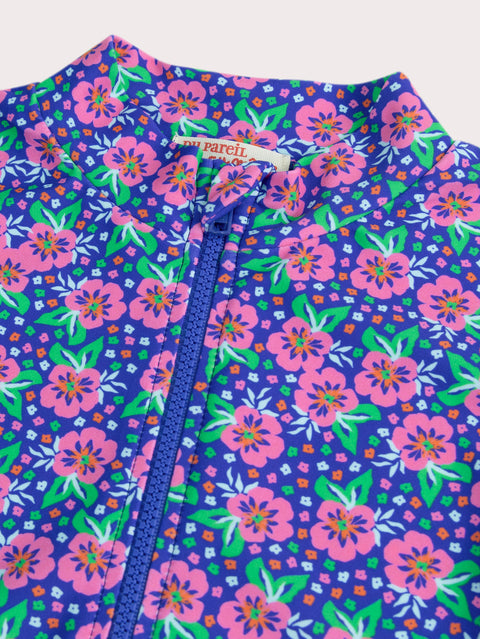 Long Sleeve Blue Floral Print Anti UV Swim T-shirt