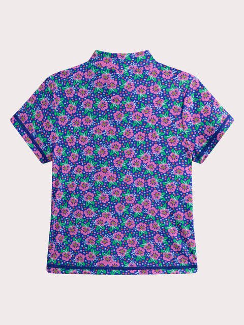 Long Sleeve Blue Floral Print Anti UV Swim T-shirt