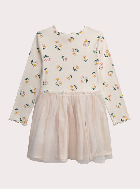 Cream Printed Jersey Dress With Tulle Skirt