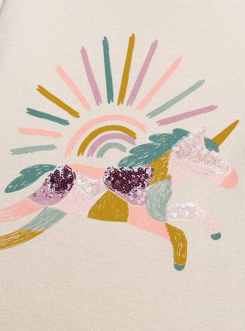 Sequinned Cream Unicorn Print Cotton T-shirt