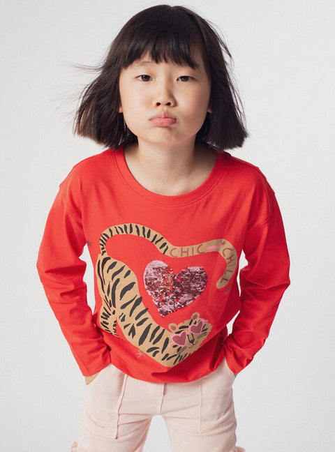 Red Tiger Print & Sequin Heart Cotton T-shirt