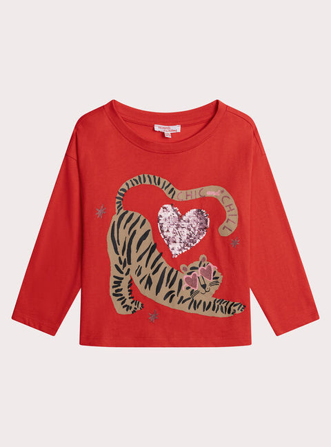Red Tiger Print & Sequin Heart Cotton T-shirt