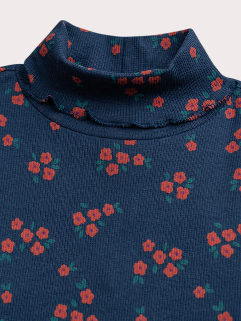 Blue Floral Print Cotton Polo Neck