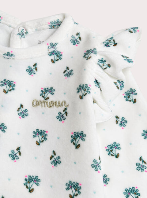 Cream Floral Print Velour Sleepsuit
