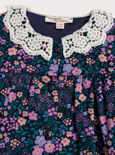 Blue Floral Print Cotton Dress With Embroidered Collar