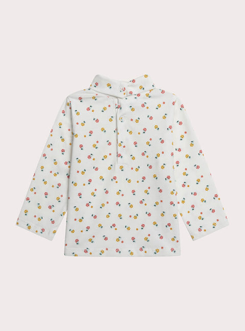 Cream Floral Print Cotton Polo Neck