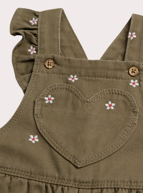 Embroidered Khaki Green Cotton Dungarees
