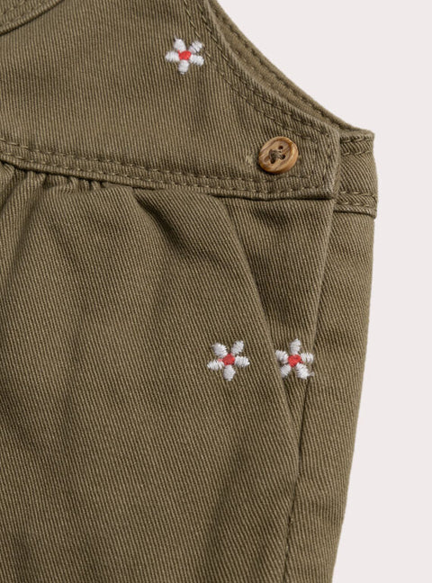 Embroidered Khaki Green Cotton Dungarees