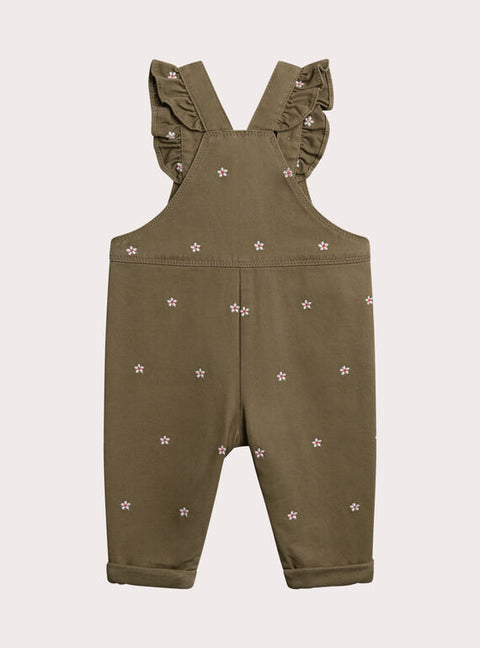 Embroidered Khaki Green Cotton Dungarees