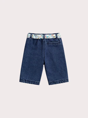 Lined Denim Jeans With Floral Print Fabric Belt