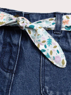 Lined Denim Jeans With Floral Print Fabric Belt