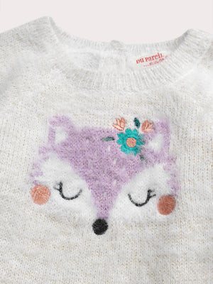 Cream Feather Knit Jumper With Fox Animation