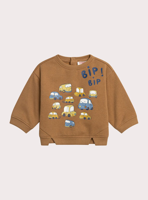 Brown Car Print Cotton Fleece Sweatshirt