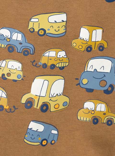 Brown Car Print Cotton Fleece Sweatshirt