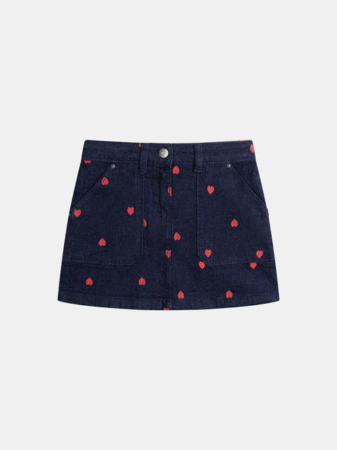 Denim Skirt With Heart Embroidery