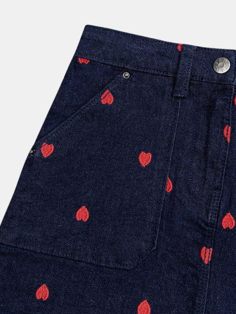 Denim Skirt With Heart Embroidery