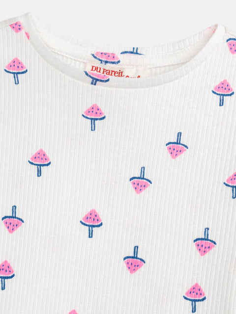Cream Ribbed Watermelon Ice Cream Print Cotton T-shirt