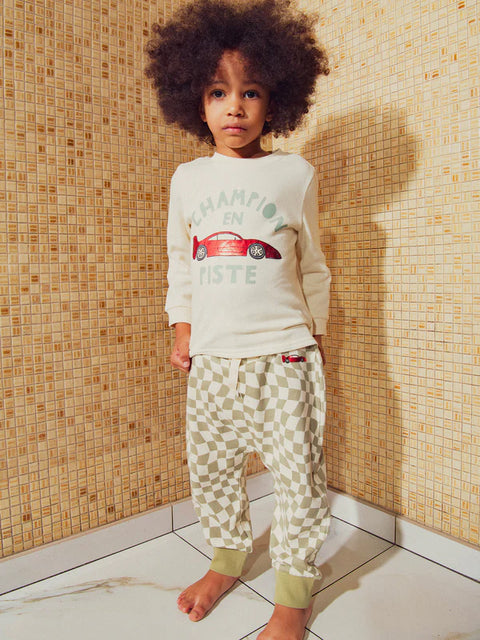 Cream Car Print Cotton Fleece Pyjamas