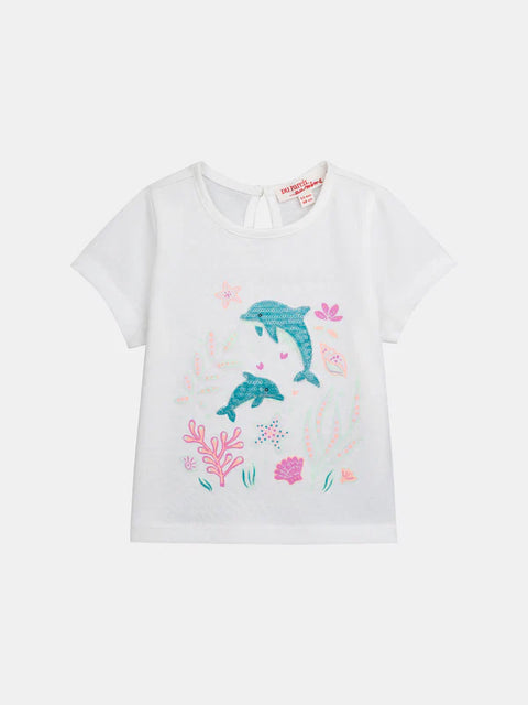 Off White Sequined Dolphin Print Cotton T-shirt