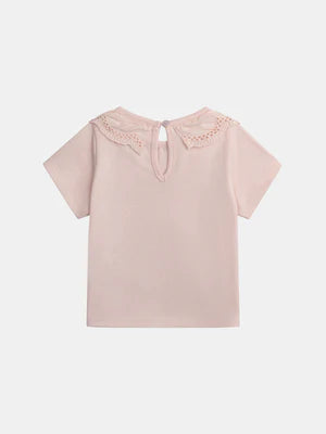 Pink Short Sleeve Cotton T-shirt With Borderie Anglaise Collar