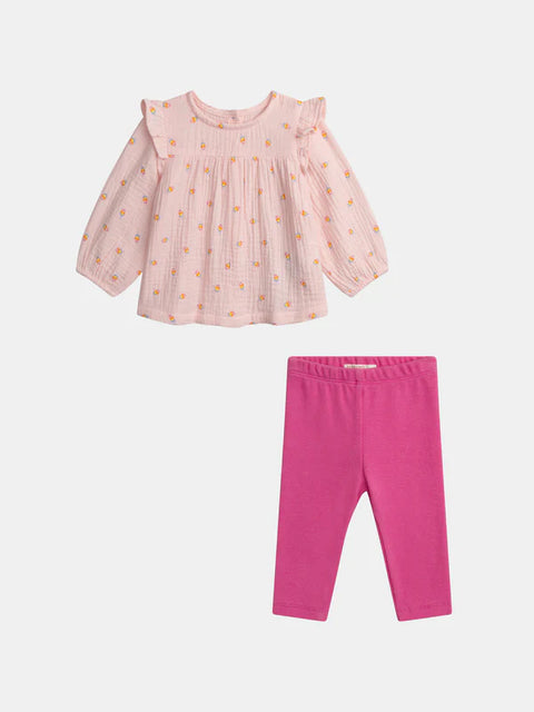 Pink Printed Double Gauze Cotton Blouse & Leggings