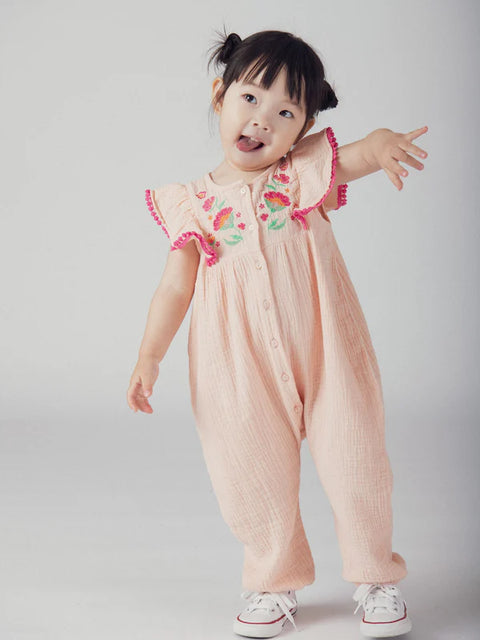 Pink Embroidered Cotton Gauze Dungarees