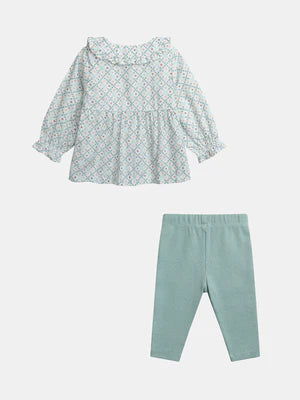 Cream Printed Cotton Top With Matching Leggings