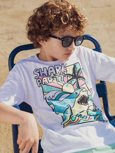 White Glow In The Dark Shark Print Cotton T-shirt