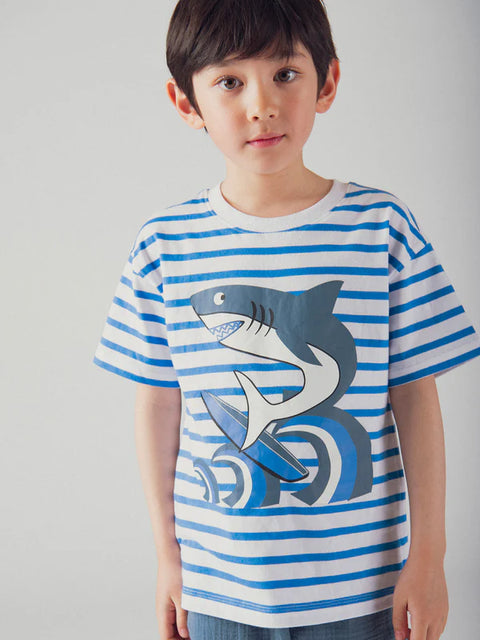 Blue Stripe Shark Print Cotton T-shirt