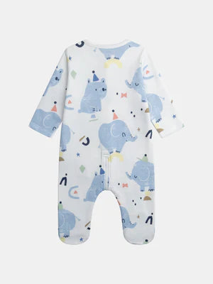 Newborn White Elephant Print Cotton Sleepsuit