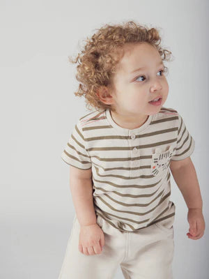 Beige Stripe Button Neck Cotton T-shirt