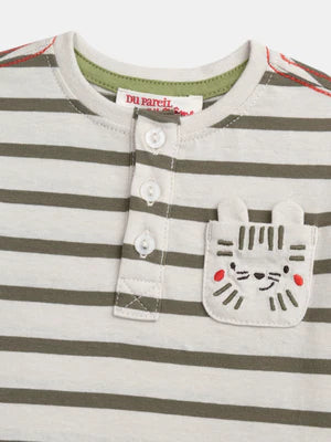 Beige Stripe Button Neck Cotton T-shirt