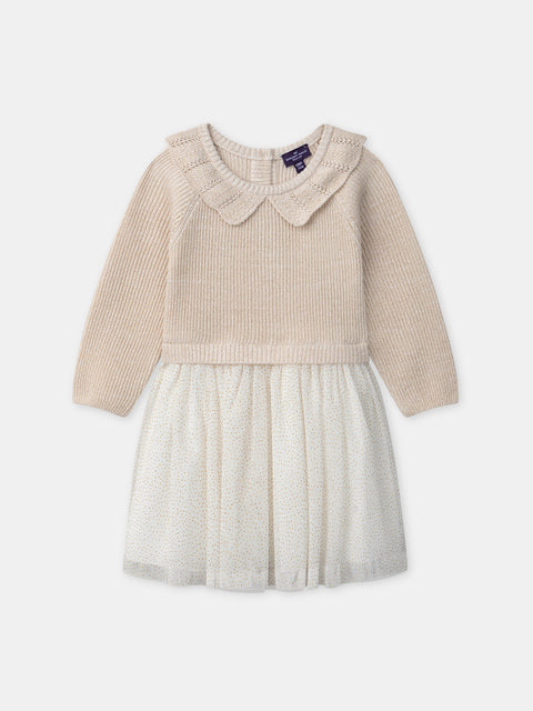 Gold Threaded Knit Dress With Tulle Skirt