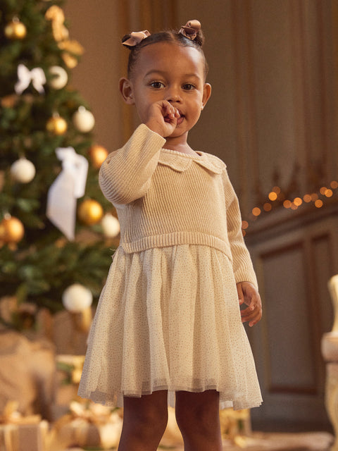 Gold Threaded Knit Dress With Tulle Skirt