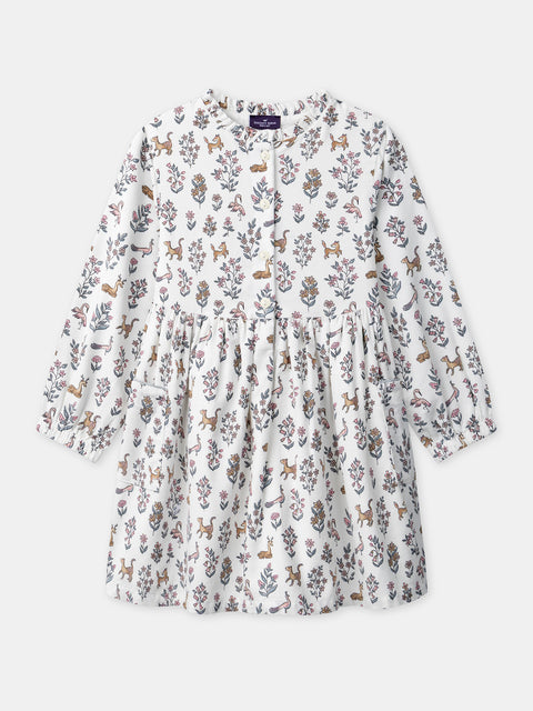 Lined Off White Floral Print Corduroy Dress