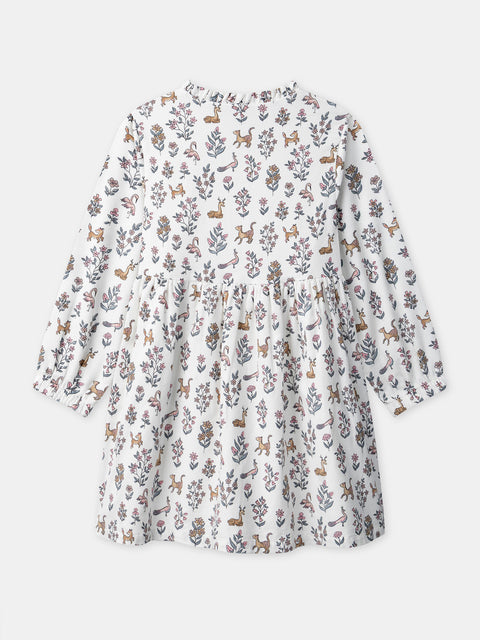 Lined Off White Floral Print Corduroy Dress