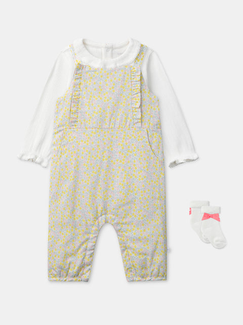Newborn Floral Print Cotton Dungarees With Matching Bodysuit & Socks