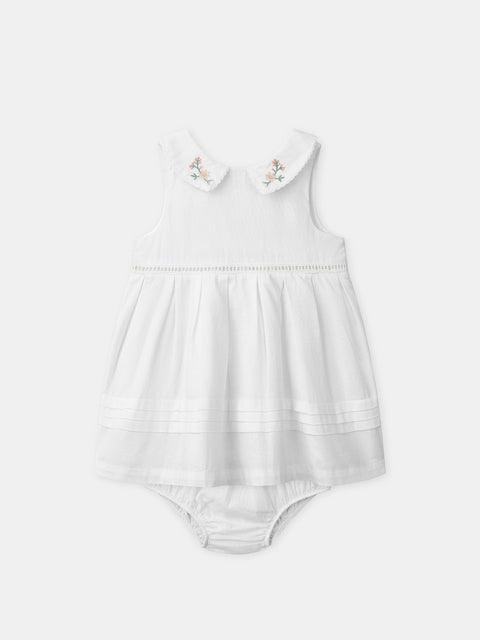 Cream Cotton Linen Mix Dress With Embroidered Collar