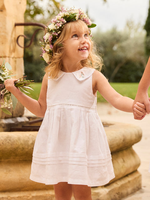 Cream Cotton Linen Mix Dress With Embroidered Collar