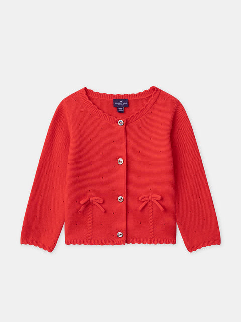Red Cotton Cardigan With Bow Ties