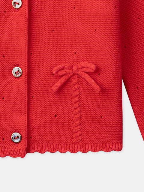 Red Cotton Cardigan With Bow Ties