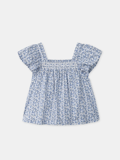 Blue Floral Print Cotton Blouse